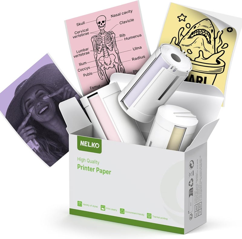 Nelko Genuine Self-Adhesive Thermal Printer Stickers, Compatible with PM230 Mini Sticker Printer, Black on White, 54mmx3.5m Mini Sticker Printer Paper, 3 Rolls, Yellow/Pink/Purple - Image 1